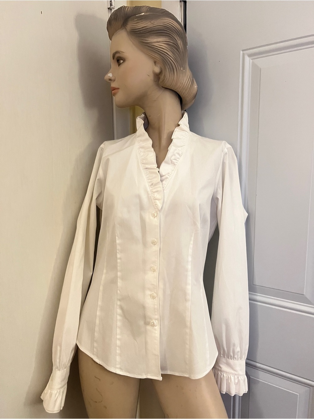 Brooks Brothers White Ruffled Collar Button-Down Blouse
